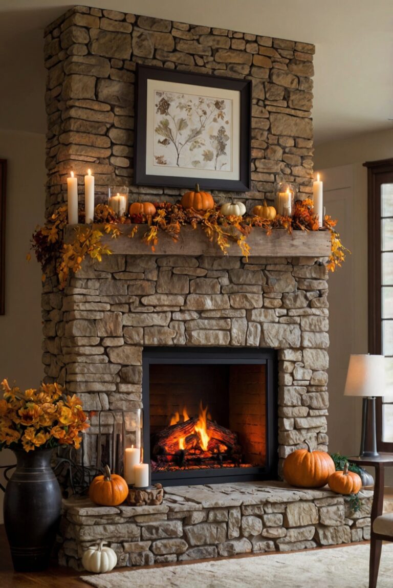 fireplace decor, cozy home, fall decorations, warm autumn atmosphere, elegant mantlepiece