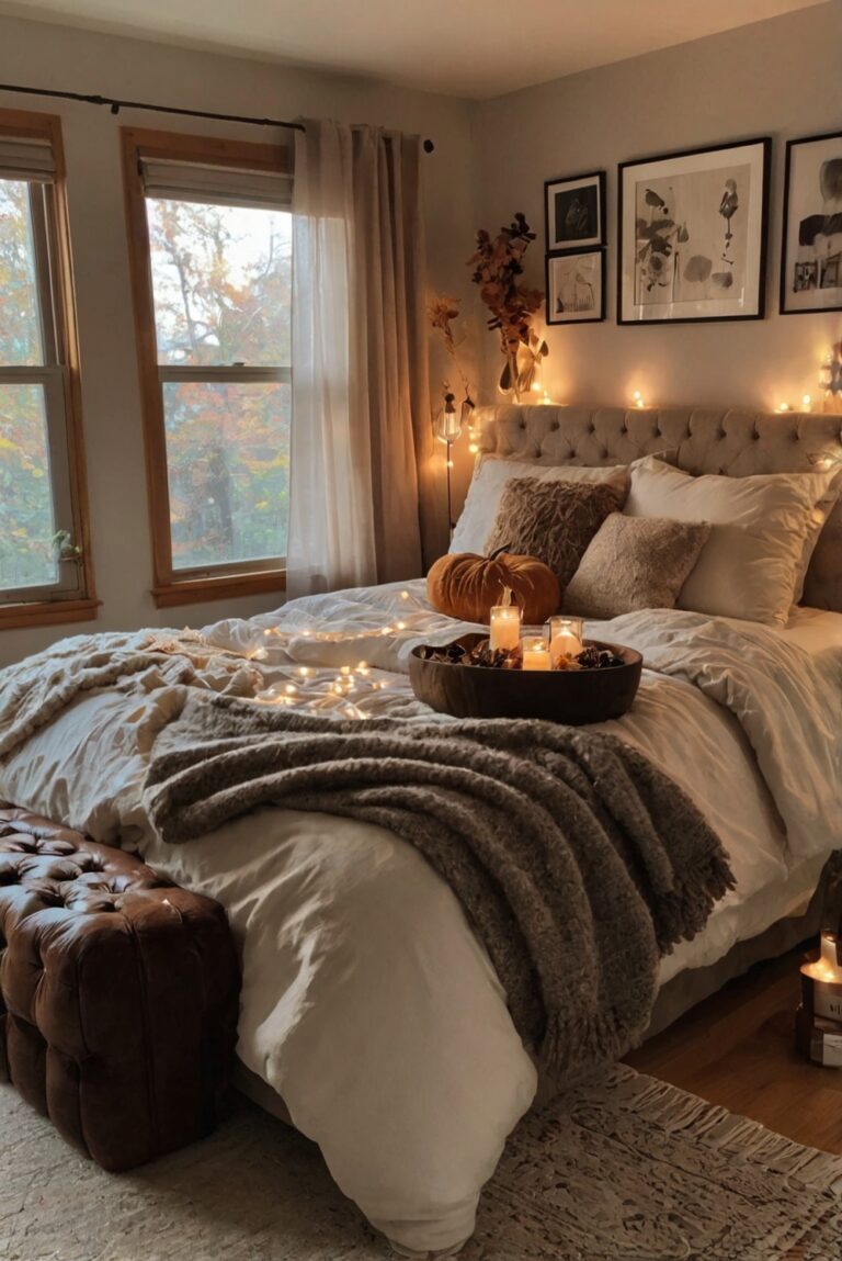 Bedroom decor ideas, Fall home accessories, Cozy bedding sets, Stylish throw pillows, Warm lighting fixtures