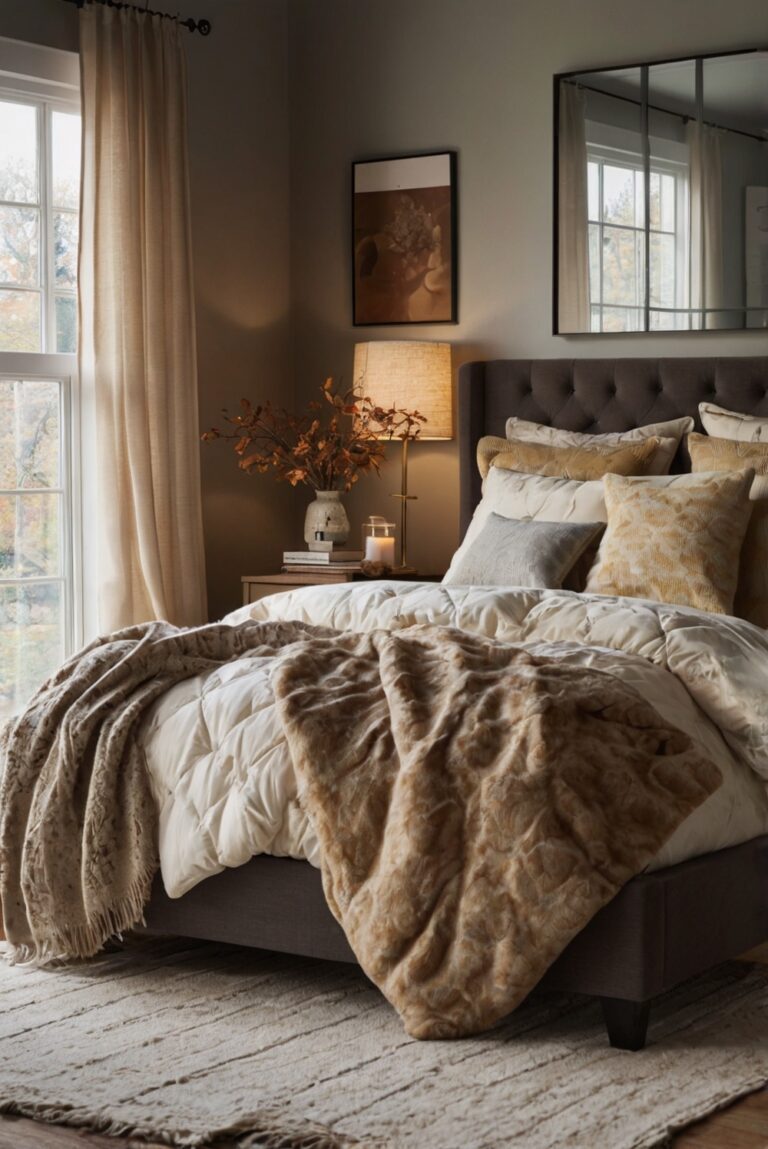 Stylish bedroom decor, Autumn-inspired bedroom, Warm cozy bedroom, Fall bedding ideas, Bedroom makeover tips