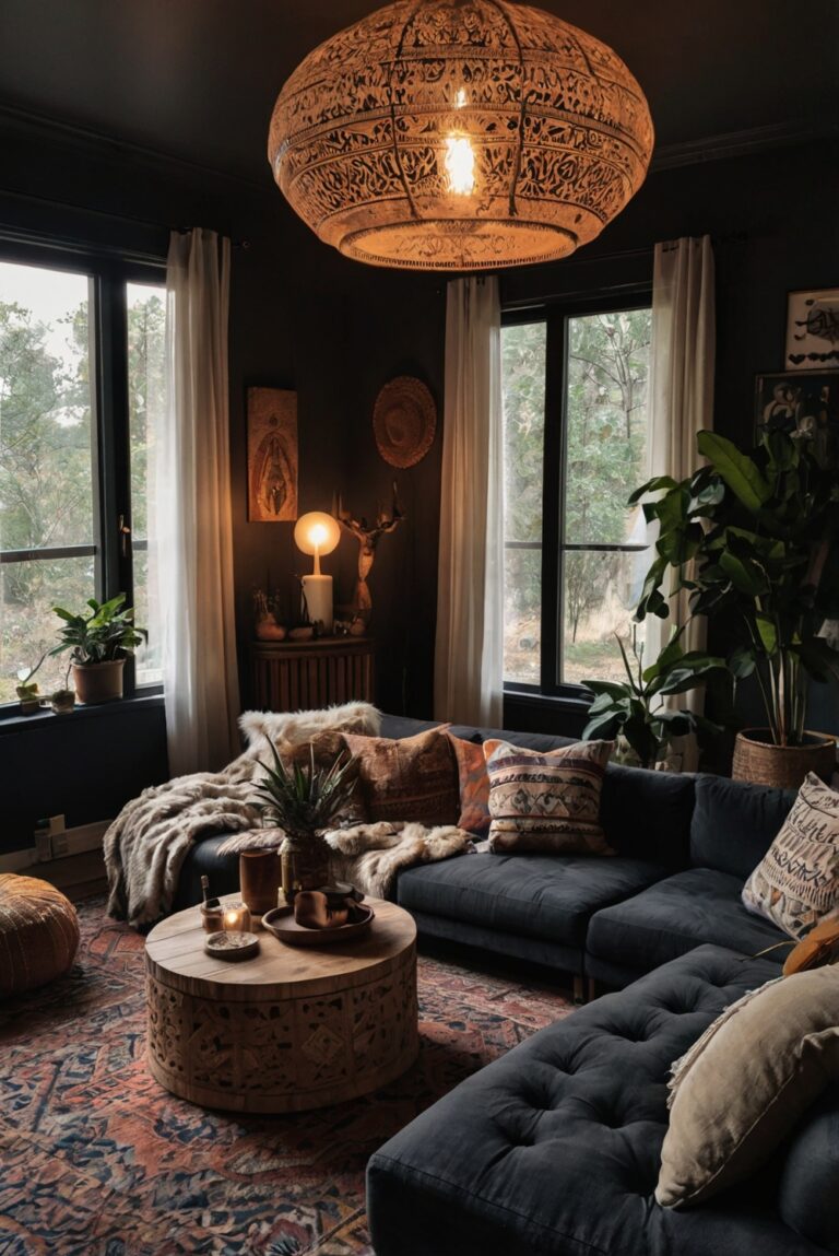 Dark Boho Furniture, Boho Living Room Ideas, Boho Home Decor, Dark Boho Rugs, Bohemian Living Room