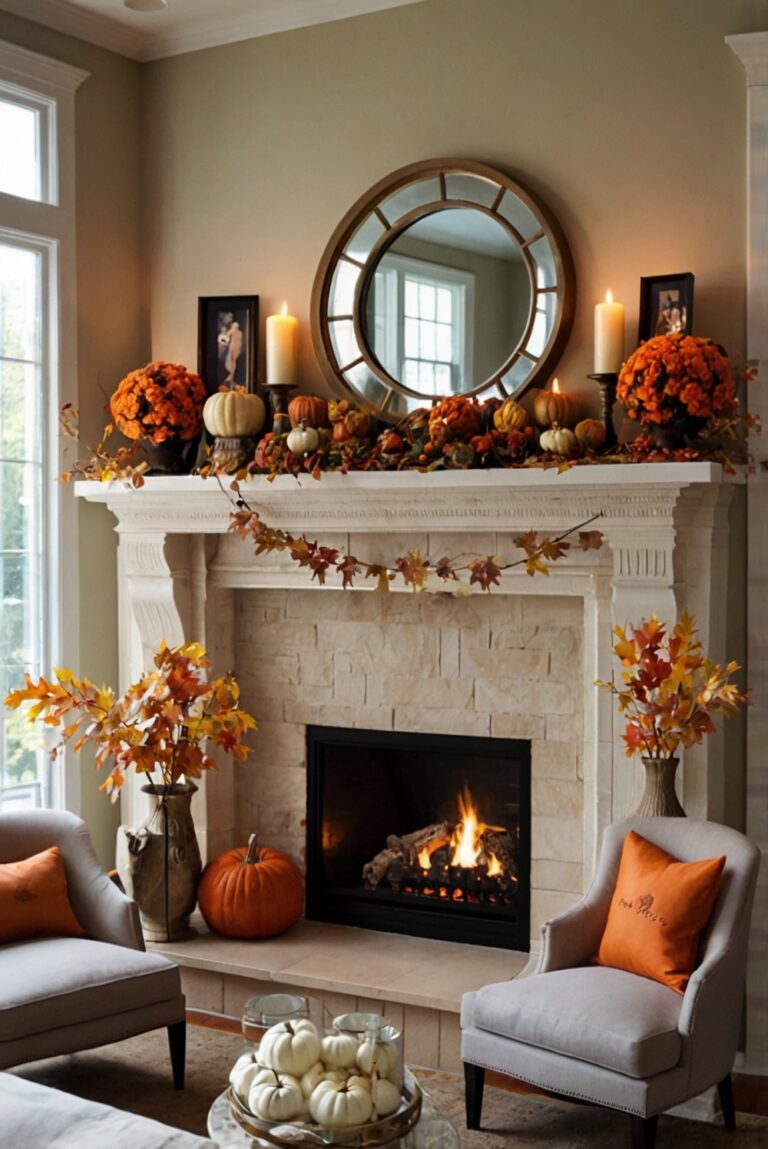 Fall fireplace decor, Mantle decorations, Autumn mantel ideas, Firewood storage, Cozy hearth ideas