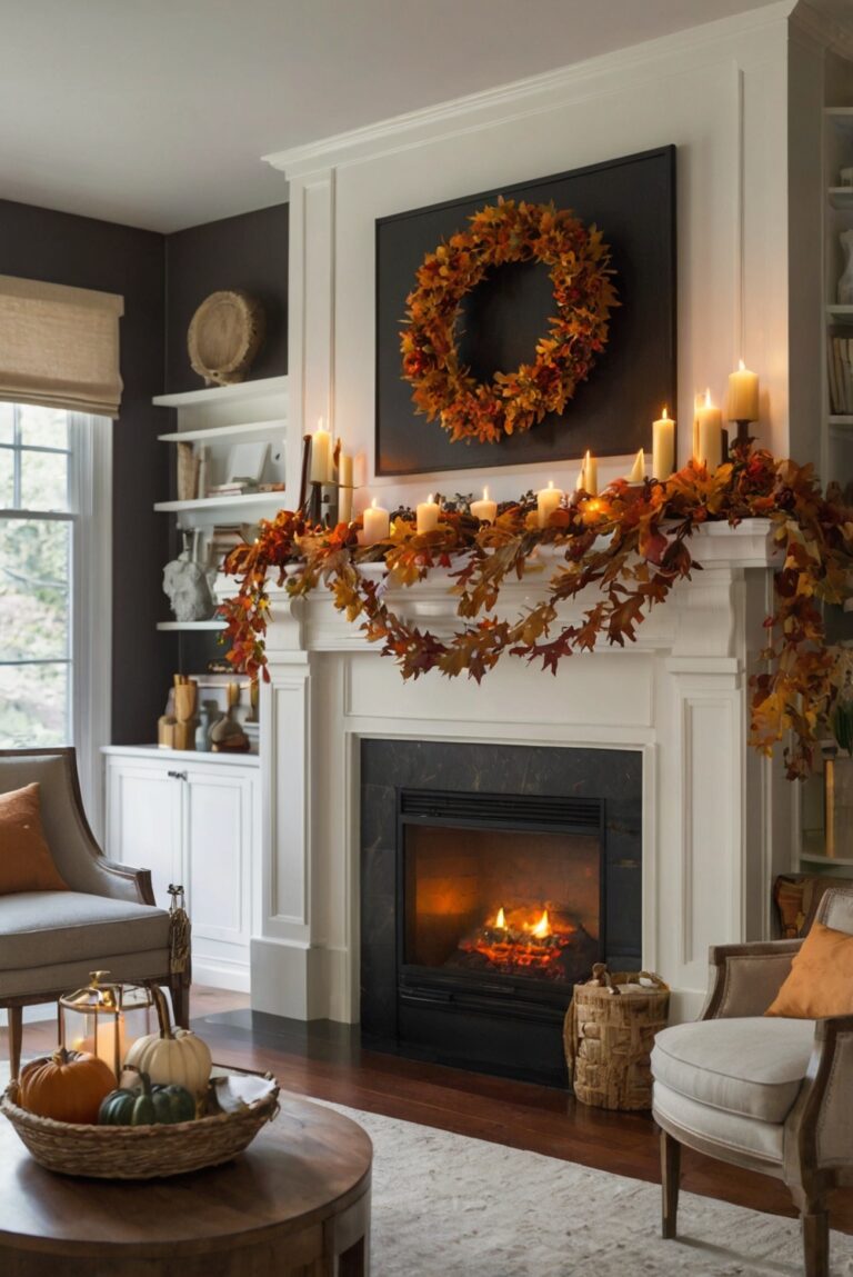 Fall fireplace decor, Fireplace makeover, Seasonal home decoration, Living room design, Interior styling