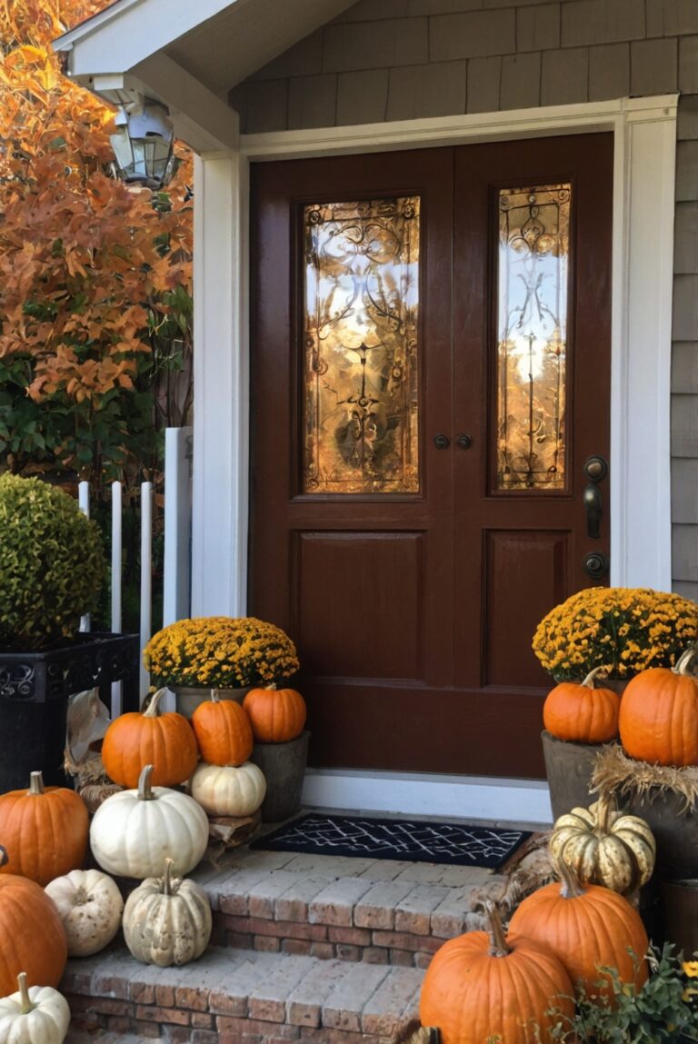 Fall porch decor, Festive outdoor decorations, Autumn home accents, Seasonal front porch display, Cozy outdoor space