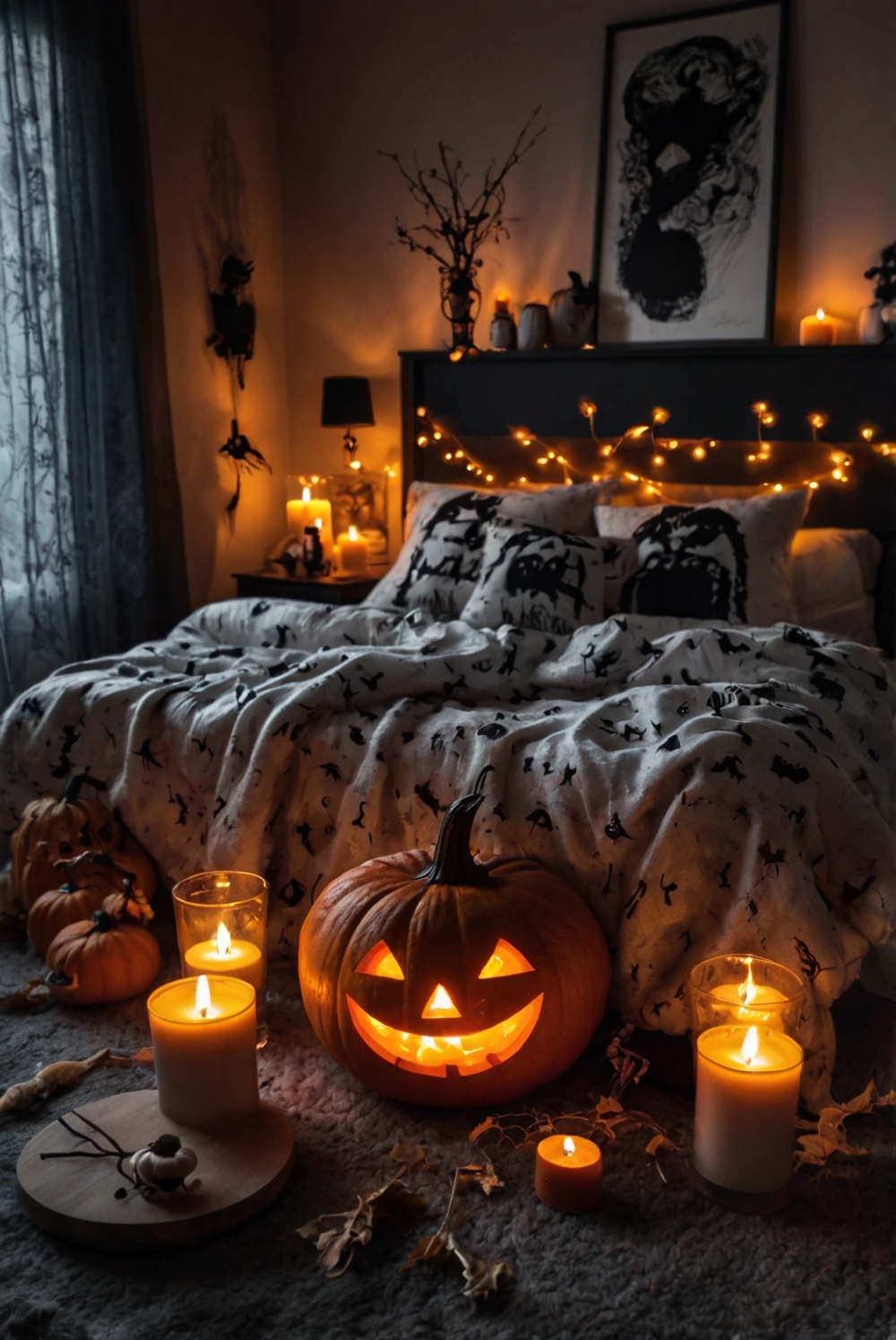 Halloween bedroom decor, Spooky bedroom ideas, Halloween bedding, Creepy bedroom decorations, Haunted bedroom design