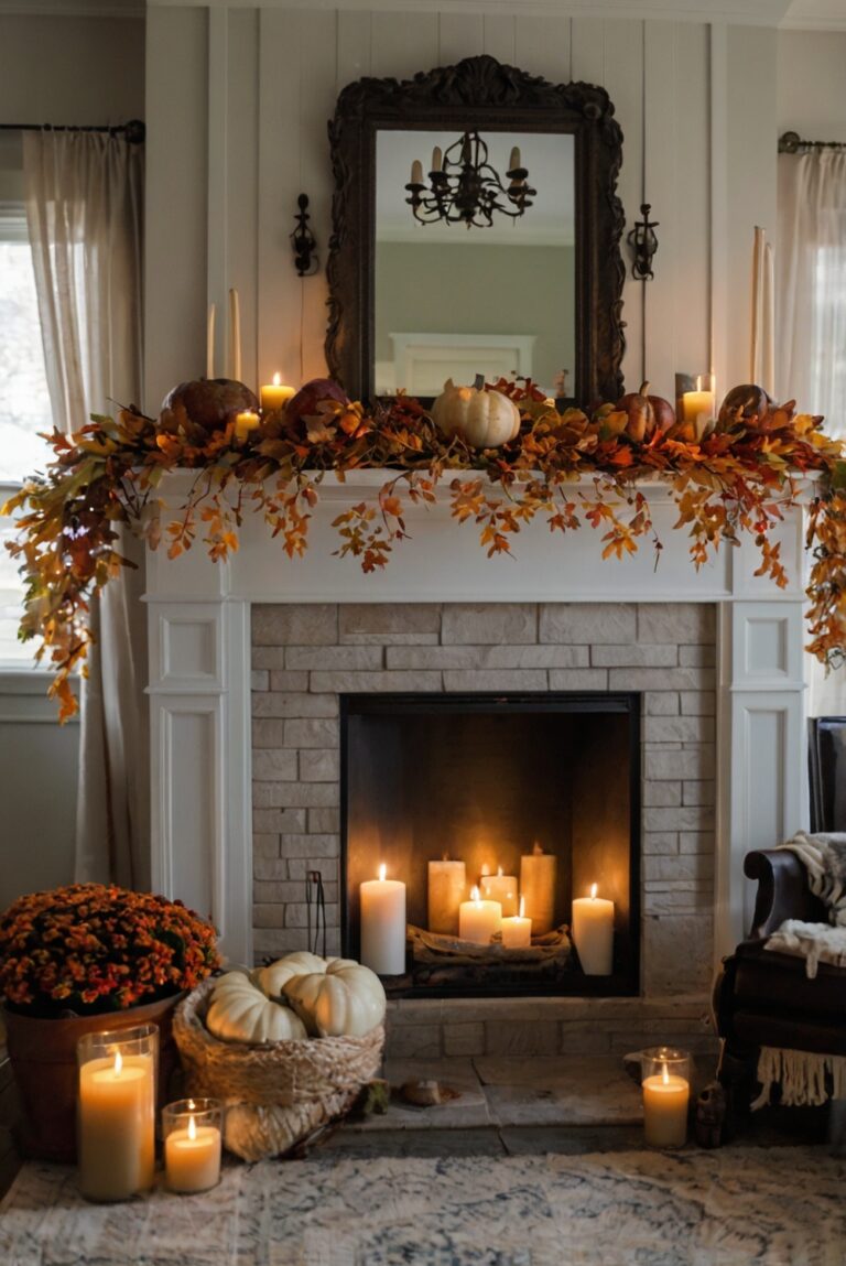 Stylish mantle decor, Elegant fireplace design, Seasonal home accents, Chic autumn decorations, Modern mantelpiece ideas