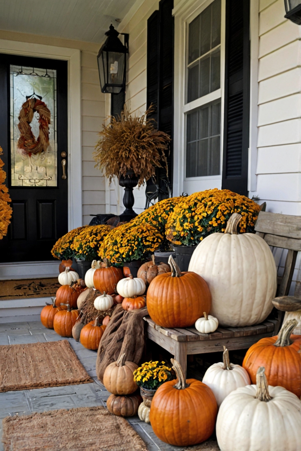 Fall porch decorations, front porch renovation, outdoor porch furniture, seasonal porch accessories, autumn-themed porch redesign