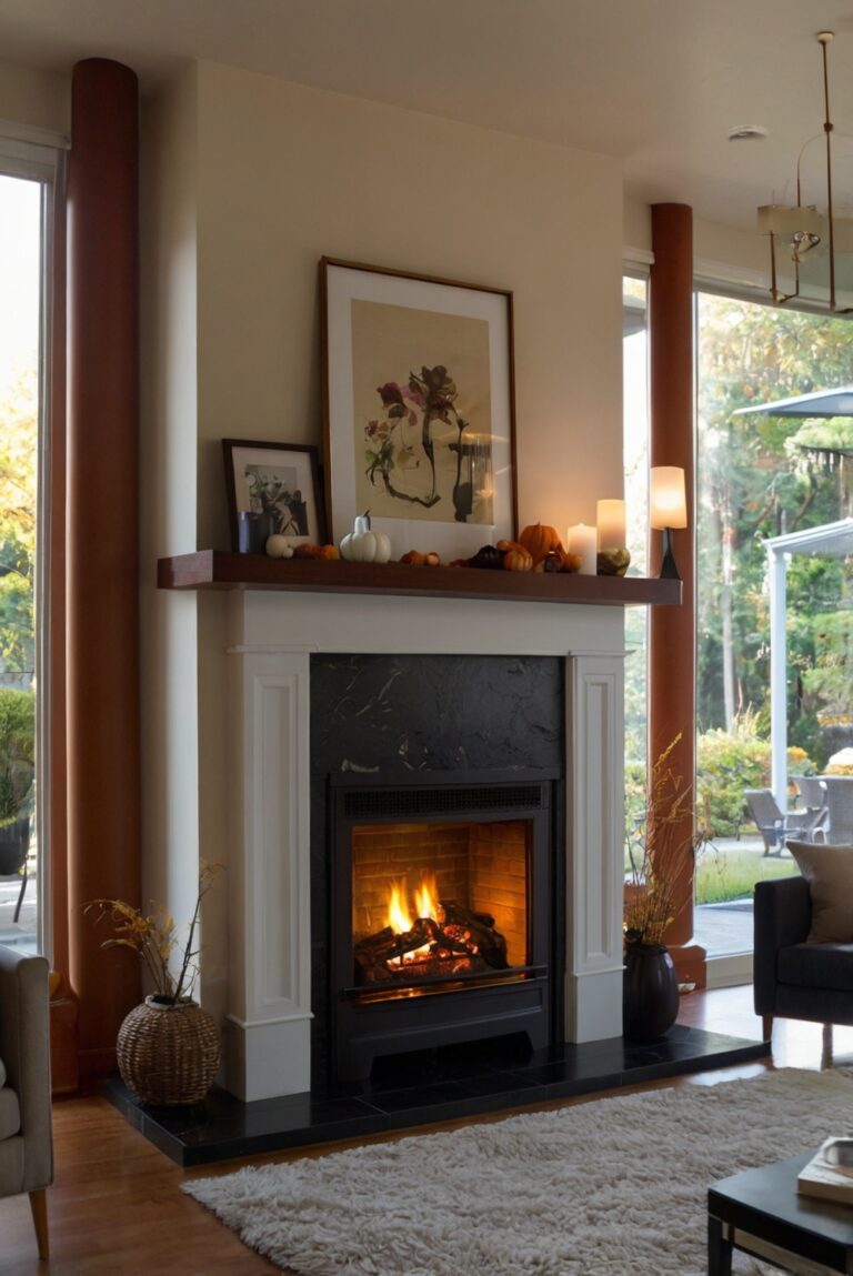 fall fireplace decor, fall mantel decor, autumn fireplace decorations, cozy hearth decor, elegant fireplace accessories